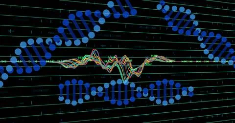 Animating DNA helix and multicolor waveform on dark dashboard, with blue nodes, 스톡 일러스트