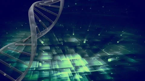 Animating DNA strand and digital data processing over abstract technological Stock-Footage 303461985