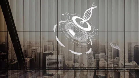 Animating DNA strand and digital interface overlaying cityscape background at Stock Footage 326193037