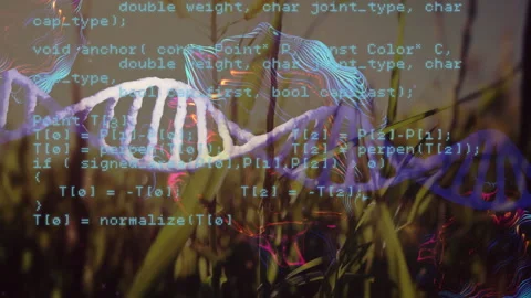 Animating DNA strand and programming code over green grass background Stock Footage 306170115