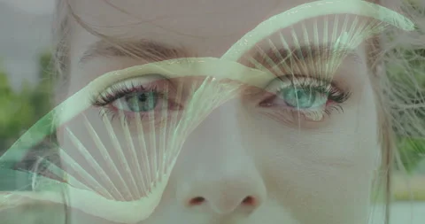Animating DNA strand over close-up of woman eyes in scientific visualization Stock Footage 303461332