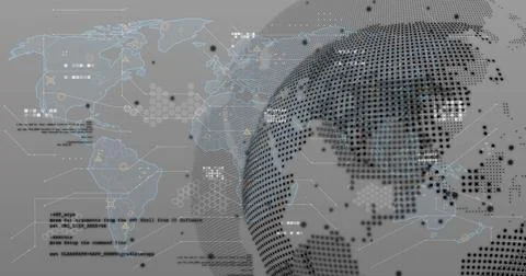 Animating dotted 3D hemisphere at right, responding to incoming data with world Stock Photos