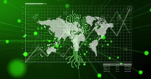 Animating dotted world map centered on data dashboard, showing grid, circuit Foto stock