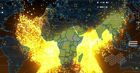 Animating Earth map over Africa showing yellow-orange particle clouds on virtual 库存插图