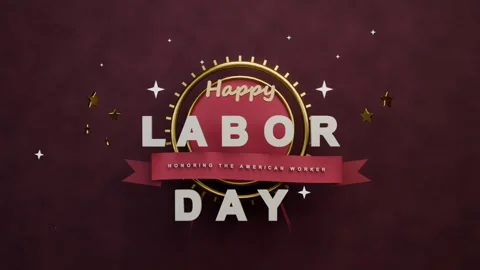 Animating emblem assembling on maroon set revealing red disc Happy script 3D Stock Footage 340268240