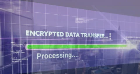 Animating encrypted data transfer and processing over cityscape background Stock Footage 303739434