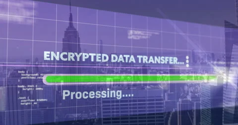 Animating encrypted data transfer and processing over cityscape background Stock Footage 303878727