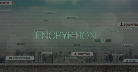Animating encryption text over digital cityscape with floating numbers in Stock Footage 327711842