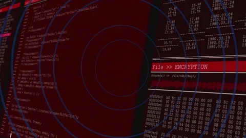 Animating file encryption process with code and data visualization on red Stock Footage 303430762