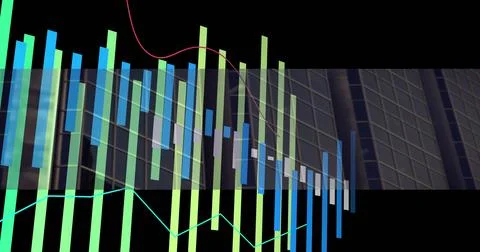 Animating financial chart over facade grid on financial dashboard, showing bars Illustrazione stock