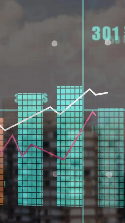Animating financial data charts and graphs over cityscape background 스톡 동영상 344803526