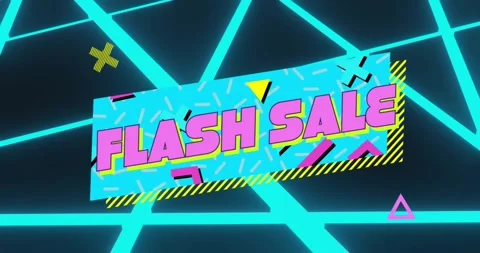 Animating Flash Sale text over neon geometric shapes background Stock Footage 330946318