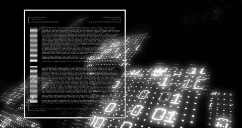 Animating flat design code panel sliding over binary grid, showing variables Stock Footage 309106438