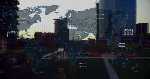 Animating flat world map overlay with hex grid, data points and triangular Stock Footage 308068241