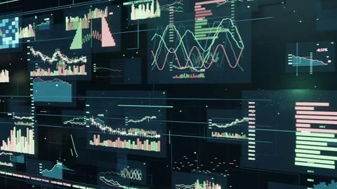 Animating floating dashboard panels receiving live data in 3D space, expanding Stock Footage 337505028