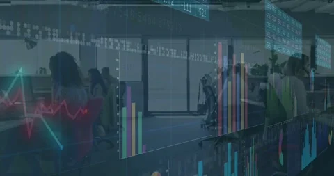Animating foreground data overlay sliding across office, live data streaming and Stock Footage 331048547