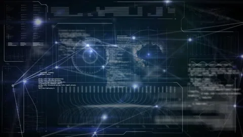 Animating futuristic digital interface with world map data processing in school Stock Footage 305059618