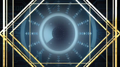 Animating geometric shapes and arrows over circular digital interface Stock Footage 303616821
