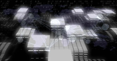Animating global network connections and data transfer over world map and binary Stock Footage 304192175