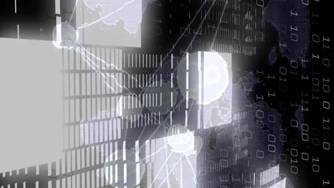 Animating global network connections and data transfer over world map and binary Stock Footage 314144075