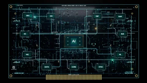 Animating glowing AI revealing PCB schematic against starfield, showing traces Stock-Footage 337964596