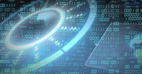 Animating glowing HUD ring projecting arcs and binary streams on virtual Stock Photos