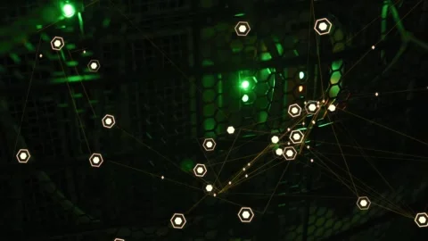Animating glowing network overlay forming denser hex nodes over server rack with Stock Footage 331736484