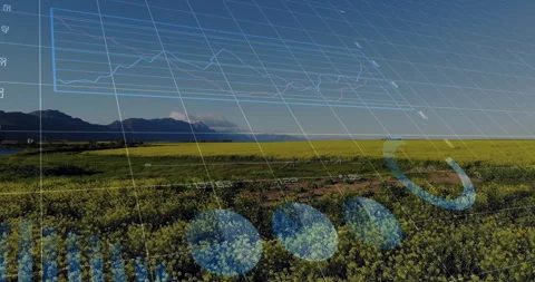 Animating graph and data visualization over scenic landscape with mountains and Stock Footage 305864441