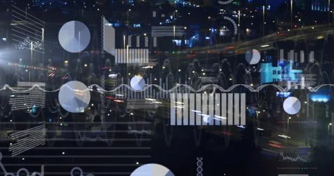 Animating graphs and charts over cityscape, showcasing data visualization Stock Footage 304860821