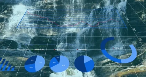 Animating graphs and pie charts over waterfall background in presentation Stock Footage 329126014