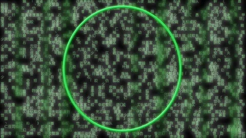 Animating green circle over falling digital code background Video stock 303461619