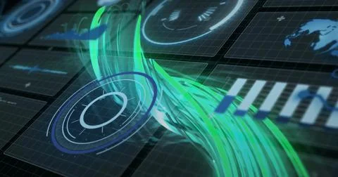 Animating green-cyan data ribbon with circular HUD ring weaving across AR Stock Illustration