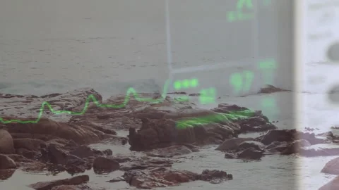 Animating green data visualization over rocky shoreline and water in nature Stock Footage 305833214