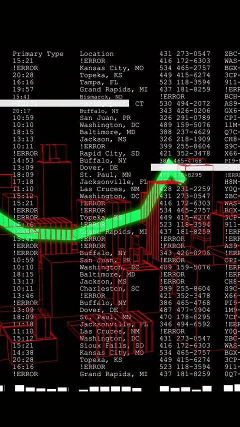 Animating green fluctuating line graph over red wireframe cityscape with Vídeos de archivo 320034445