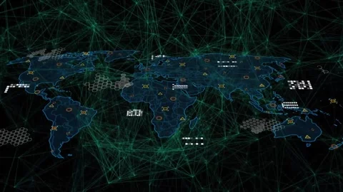 Animating green web lines igniting blue world map expanding, data icons pulsing Stock Footage 329920753