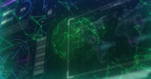 Animating green wireframe globe on interface, showing grids, panels, gauge, Illustrazione stock