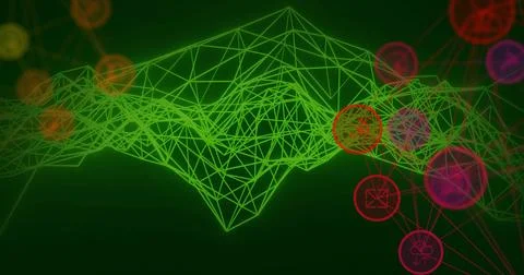 Animating green wireframe mesh in digital graphic, with red magenta nodes and Stock Illustration