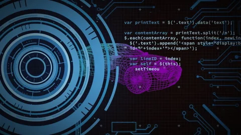 Animating grid initiating code overlays looping HUD rings and rotating 3D Stock Footage 313618729