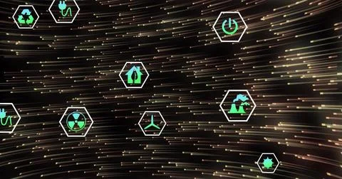 Animating hex eco icons floating across dark digital dash, with recycling, plug, Illustrazione stock