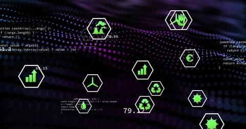Animating hexagon icons and code fragments flowing in purple wave interface, Stockfoto's