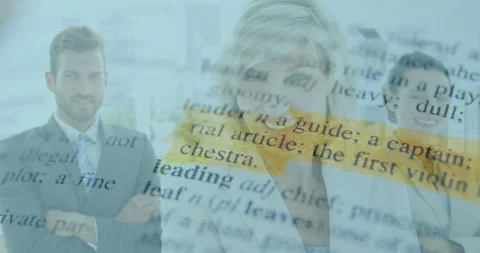 Animating highlighted dictionary text over business people working in office Stock Footage 304194744
