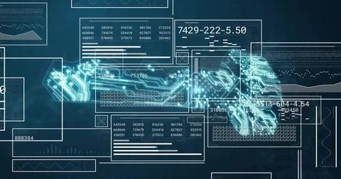 Animating holographic circuit patterns in virtual interface, with data panels Illustrazione stock