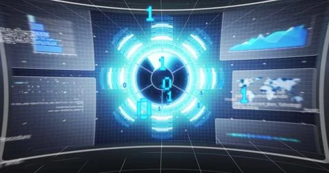 Animating holographic circular interface with binary digits and panels over Foto stock