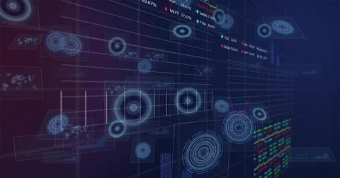 Animating holographic data display in virtual 3D dashboard, showing concentric 스톡 일러스트