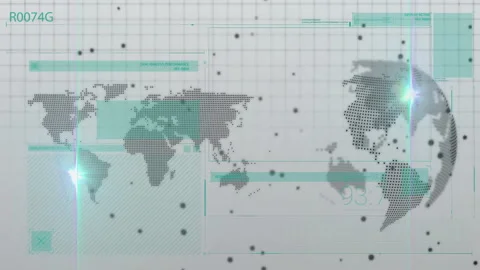 Animating holographic flat world map and 3D dotted globe, showing teal UI panels Stock Footage 307461343