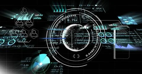 Animating holographic globe rotating in virtual display, with data rings, bar Stock Illustration