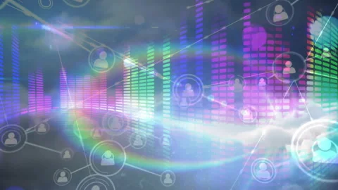 Animating holographic network connecting user icon nodes over colorful equalizer Stock Footage 309094177