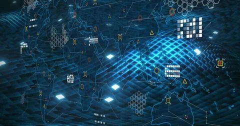 Animating holographic world map over rippled blue grid in digital space with hex Illustrazione stock