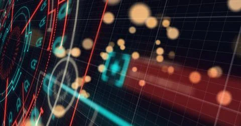 Animating HUD elements shifting right across grid, showing neon teal red Stock Illustration