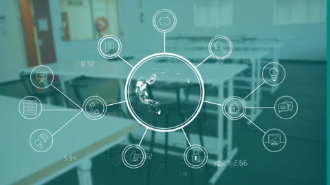 Animating interconnected icons over empty classroom background Stock Footage 303540507